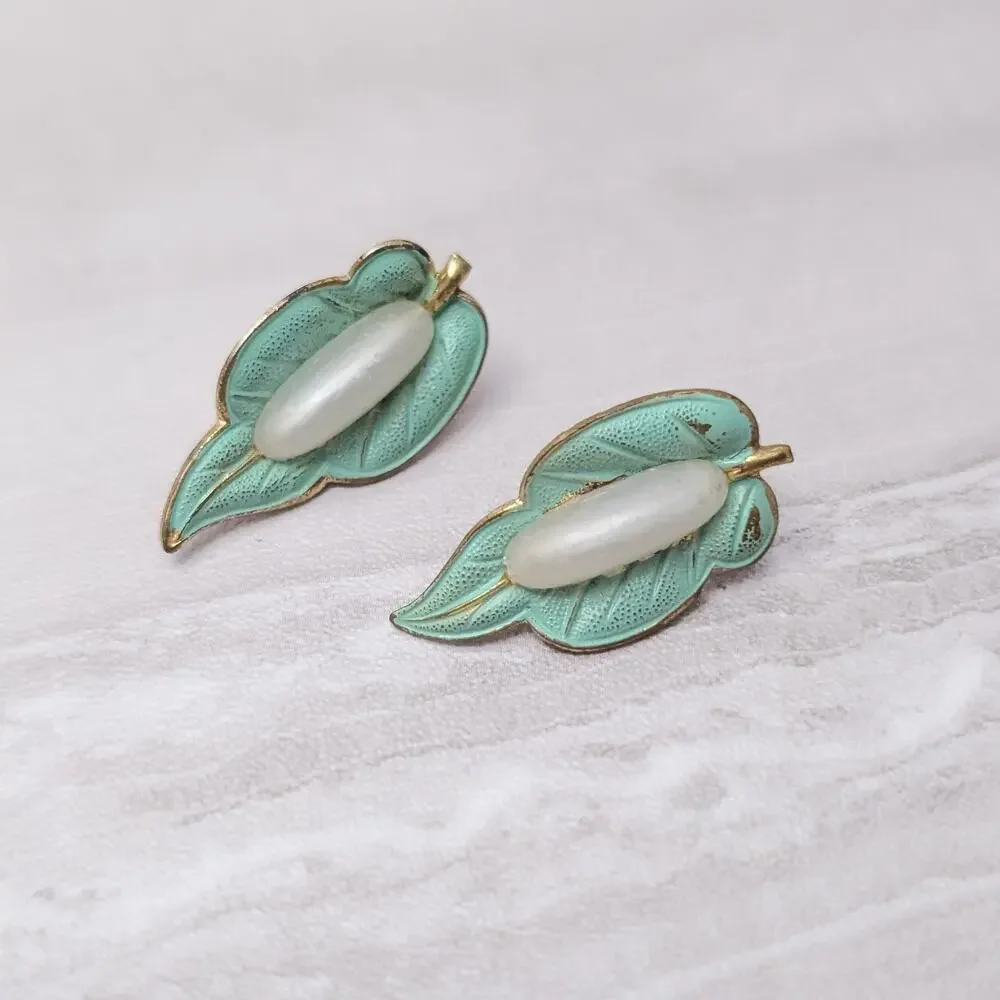 Vintage Clip On Earrings Light Green, Gold Tone, Faux Pearl - Condition Issues